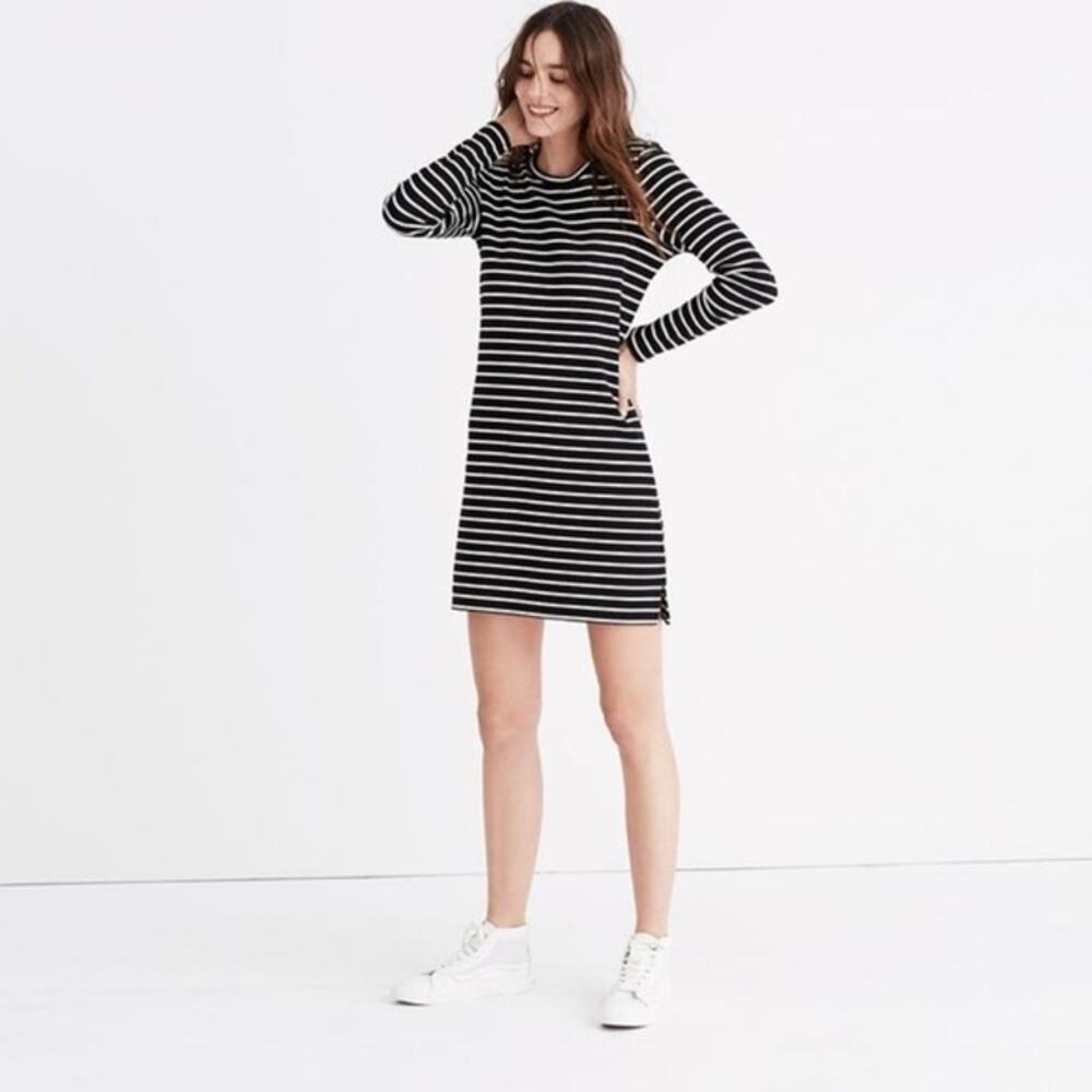 Madewell Shirt Dress Mini Black Stripe Keyhole Long Sleeve XL Boho Minimalist - Picture 1 of 4